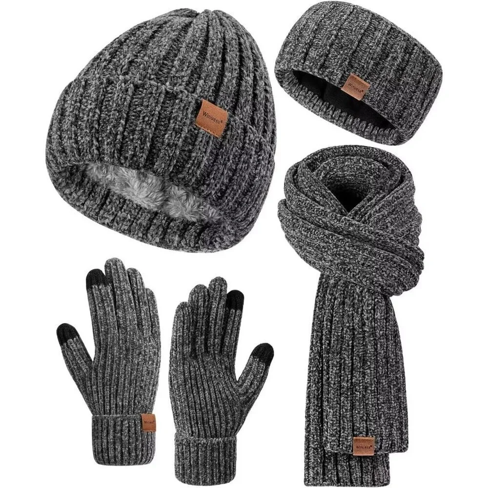 Women Winter Hat Scarf Gloves Headband Set Fleece Lined Knit Accessory